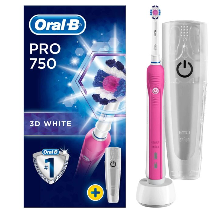 Oral B Pro 750 3D White Ηλεκτρική Οδοντόβουρτσα για Φυσικά πιο Λευκά Δόντια & Δώρο Θήκη Ταξιδιού, Ροζ Χρώμα