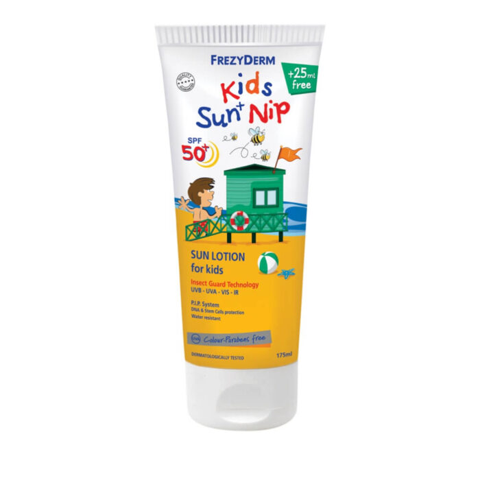 Frezyderm Kids Sun + Nip SPF50+ Παιδικό Αντιηλιακό Γαλάκτωμα για Πρόσωπο & Σώμα με Εντομοαπωθητικές Ιδιότητες, 175ml