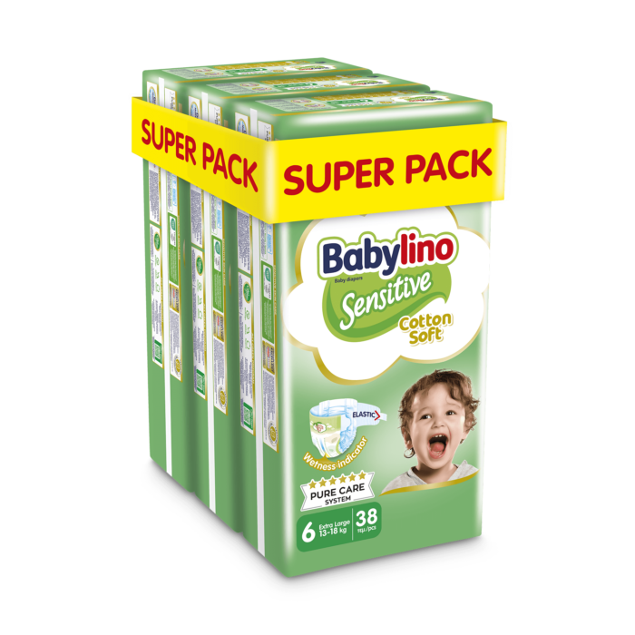 Βρεφική πάνα Babylino Sensitive Cotton Soft No6 13-18 Kg SuperPack 114τμχ (3×38τμχ)