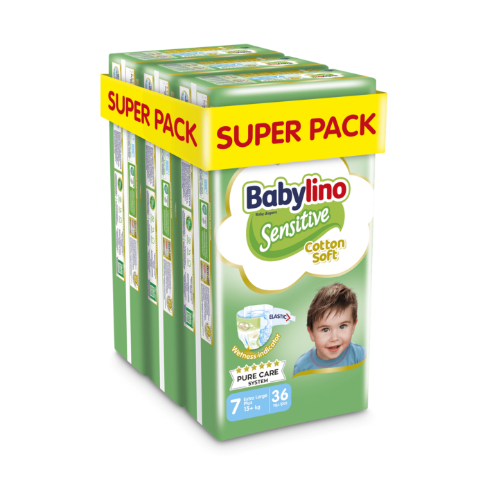 Βρεφική πάνα Babylino Sensitive Cotton Soft No7 15+ Kg SuperPack 108τμχ (3×36τμχ)