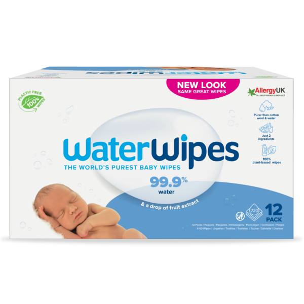 WaterWipes, 100% Plastic-free Άοσμα Μωρομάντηλα, 99.9% Νερό, Ηλικίες 0+, 720 Μαντηλάκια 12πακ x 60τμχ