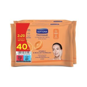 Septona Dermasoft Vitamin C & Micellar Μαντηλάκια Αφαίρεσης Αδιάβροχου Μακιγιάζ Προσώπου 40τμχ