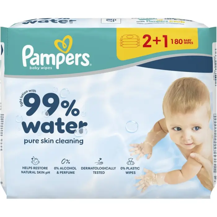 Pampers 99% Water Baby Wipes 180 Τεμάχια (3×60 Τεμάχια)