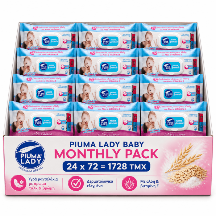 PIUMA LADY BABY – Υγρά μαντηλάκια με άρωμα τάλκ & βρώμη, Monthly Pack 72 τεμάχια x 24 (1728τμχ)