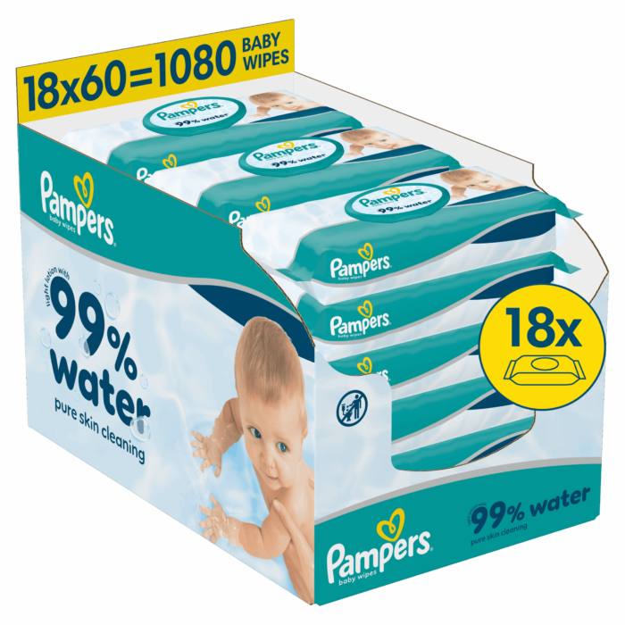 Pampers 99% Water Υποαλλεργικά Μωρομάντηλα με 99% Νερό, χωρίς Άρωμα, Οινόπνευμα & Parabens 18x60τμχ