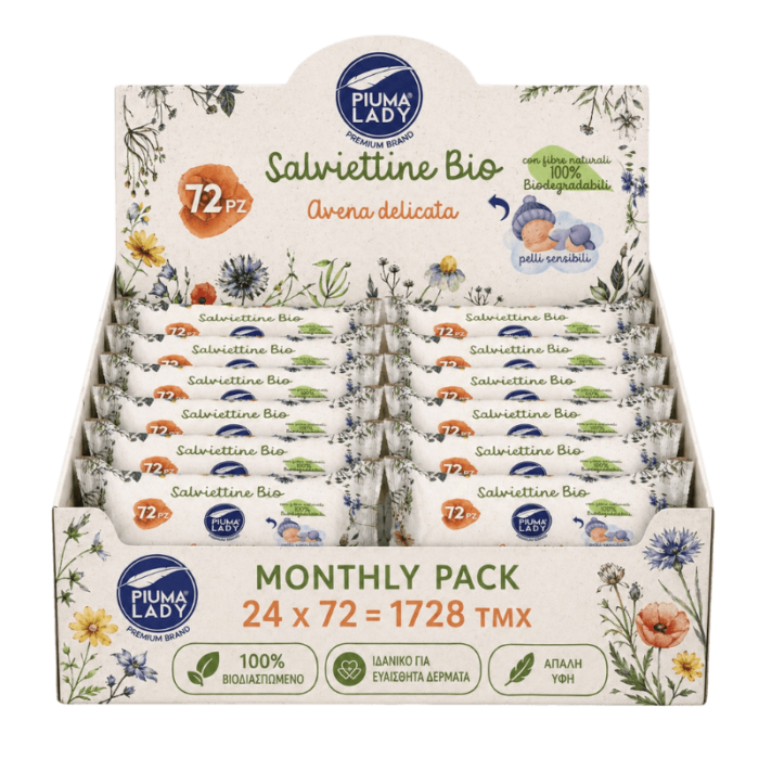 1-5 PIUMA LADY BABY Salvitettine Bio – Υγρά Μαντηλάκια Βιοδιασπώμενα, Monthly Pack 24 x 72τμχ (1728τμχ)