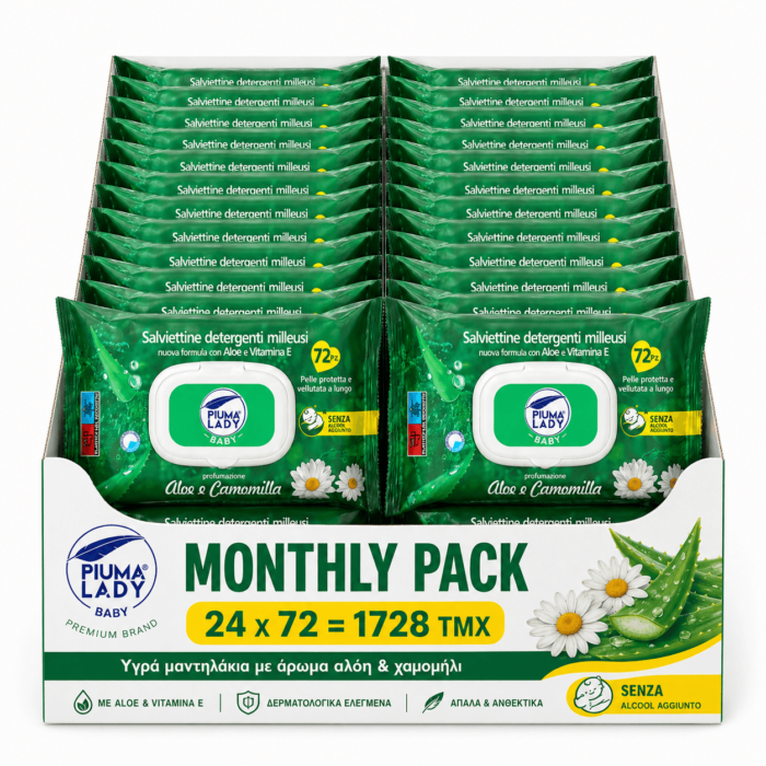 PIUMA LADY BABY– Υγρά μαντηλάκια με άρωμα αλόη & χαμομήλι, MONTHLY PACK 72 τεμάχια x 24 (1728τμχ)