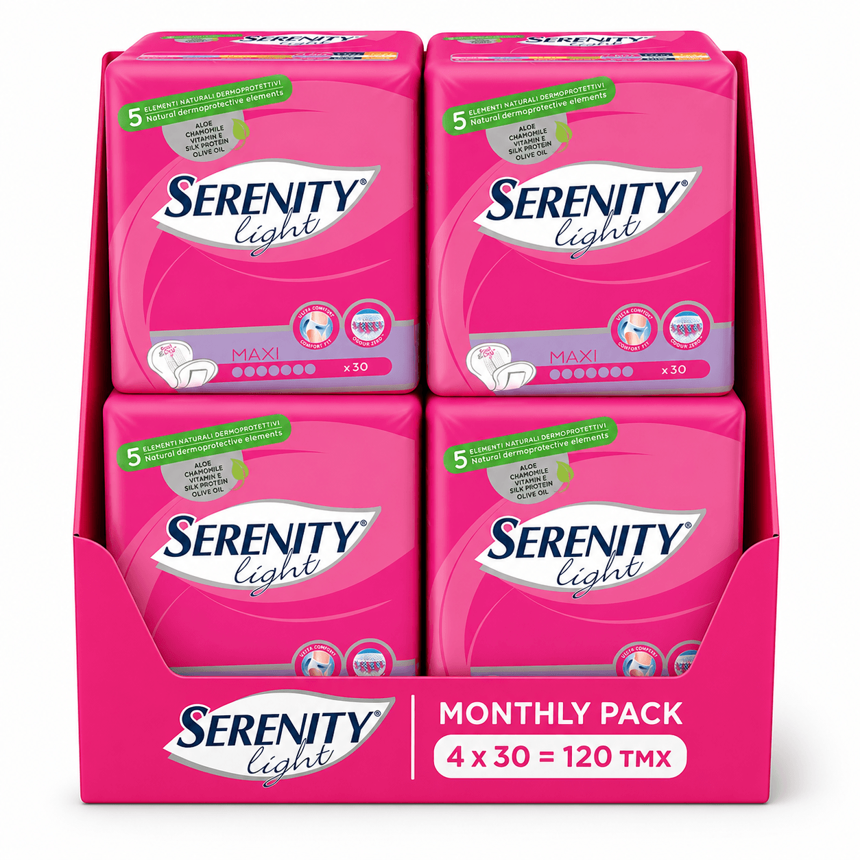SERENITY LIGHT MAXI – Σερβιέτες Ελαφράς Ακράτειας Monthly Pack 120τμχ (4×30) 55 cm