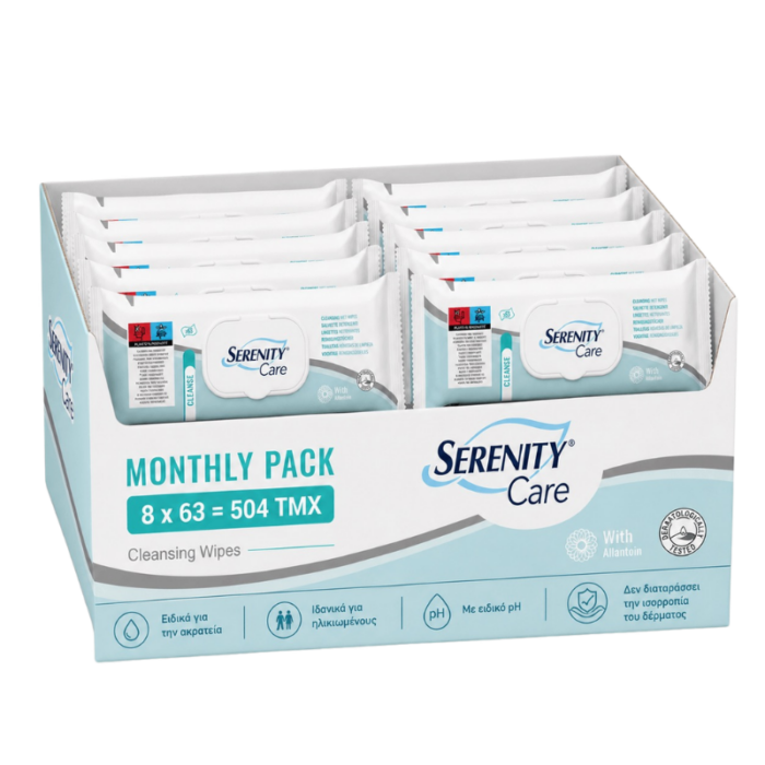 μηνιαια-Συσκευασια-8 SERENITY CARE μαντηλακια για ηλικιωμενους Monthly Pack 8πακ Χ 63τμχ