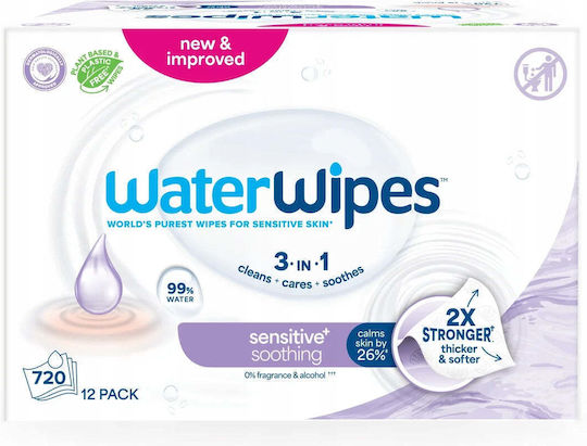 WaterWipes Sensitive+ Soothing Μωρομάντηλα 3σε1, 99% Νερό, χωρίς Άρωμα και Οινόπνευμα, 720 Μαντηλάκια 12πακ x 60τμχ